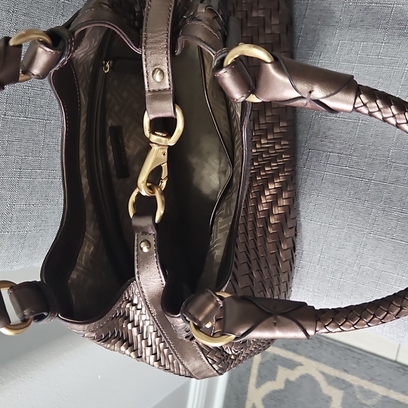 Cole Haan Woven Leather Handbag  Bronze Metallic with Lobster Claw Closure - Picture 5 of 9